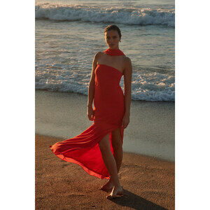 Lulus Rawya Red Orange Strapless Maxi Dress And Scarf Set - Size S